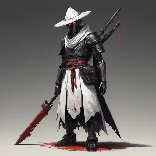 Prompt: Draw a mysterious Robot with; A Black samurai hat angled downwards so that you can't see their face; Long baggy white clothing with red stains. Holding a Cosmic Rifle standing upright