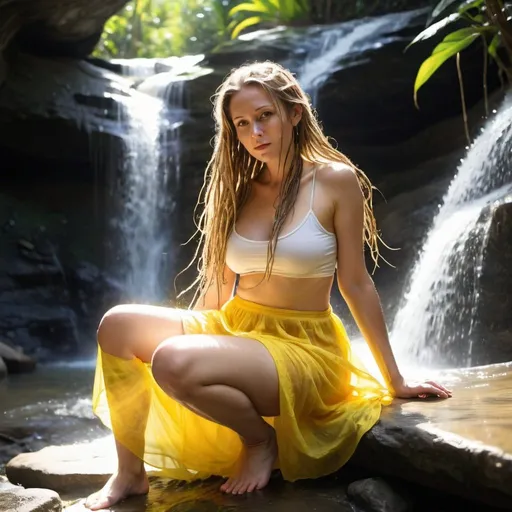 Prompt: <mymodel> A wide tropical waterfall. A milf beautiful white woman, in a yellow see-through and translucent summer skirt with sunlight shining through the skirt. No top. Mammaries. Front facing. She has long dreadlocks coming down her back. She is facing the camera. See-through skirt. Laying down. Prostate. The sun is visible through her dress between her legs. She is changing her clothes.  She is wet. Water colour style.