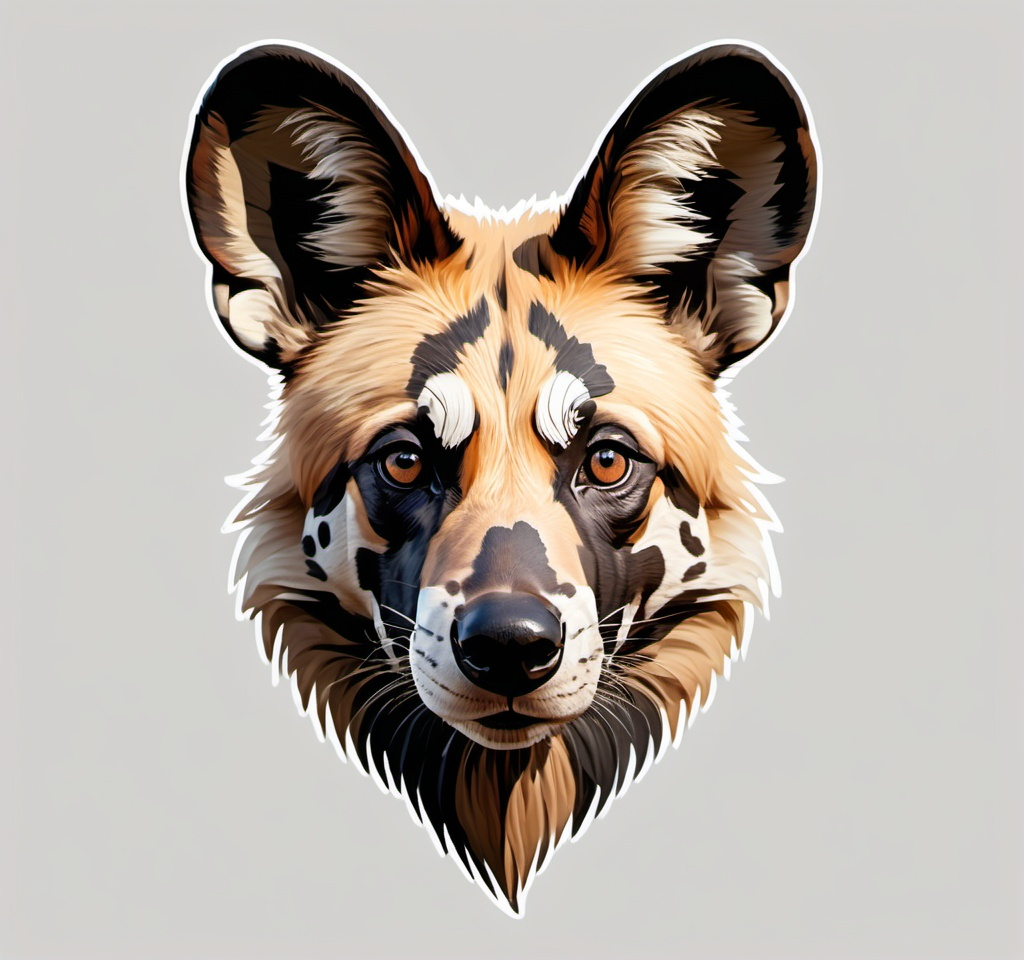 Prompt: Stylized icon of the head of an African wild dog facing front, suitable for a game, on a transparent background, without much details so that it's recognizable also at smaller resolutions