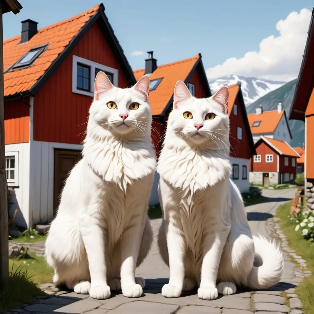 Prompt: cartoon illustration of the majestic two Norwegian cats in the middle of a village,  standing on hind legs