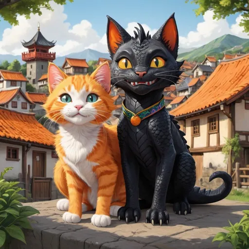 Prompt: Realism illustration of two orange cats, black dragon,  colorful, village in the background,  lively, cartoon style, village setting, highres, detailed fur, anime, vibrant colors, village scenery, realistic, cute expressions, playful, lively, dragon, detailed, professional