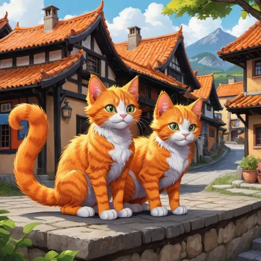 Prompt: Realism illustration of two orange cats, black dragon,  colorful, village in the background,  lively, cartoon style, village setting, highres, detailed fur, anime, vibrant colors, village scenery, realistic, cute expressions, playful, lively, dragon, detailed, professional