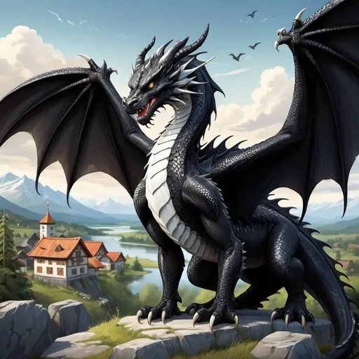 Prompt: cartoon illustration of a majestic black dragon, detailed white scales on the belly and wings, intense and fierce gaze, highres, ultra-detailed, cartoon, fantasy, dramatic lighting, cool tones, detailed eyes, sleek design, professional, atmospheric, Norwegian Forest cats standing on hind legs, village in background