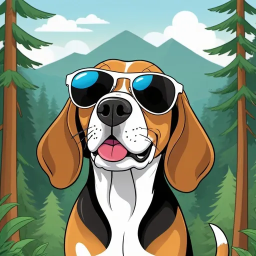 Prompt: Cartoon illustration of beagle with sunglasses on top of its head, forest in the background