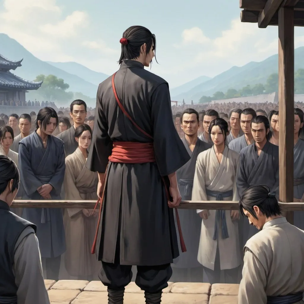 Prompt: As Ren saw his family in the crowd on the execution platform, he started to feel saddened by the sight of his family.  Ren's brother felt very shameful for stealing from the noble man, and that Ren volunteered as tribute instead of his brother for his brother's crime. His family watched as he stood on the execution platform.


