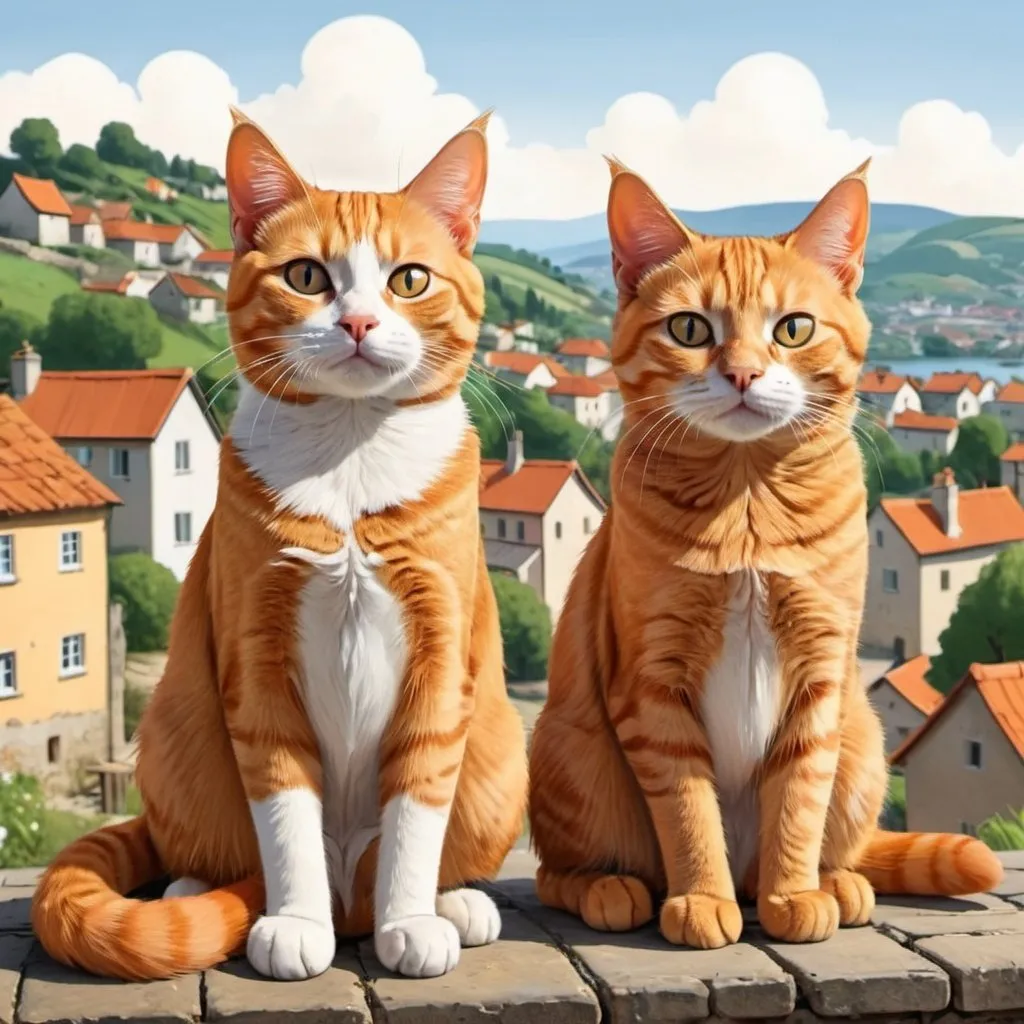 Prompt:  Cartoon illustrated two orange tabby cats sitting down, village in the background