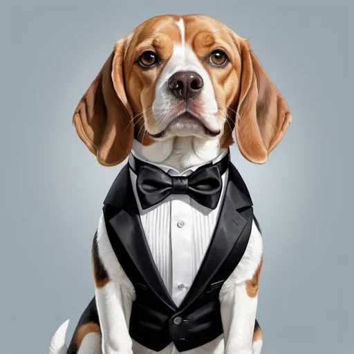 Prompt: Realistic illustration of beagle in a tuxedo combined with a harness