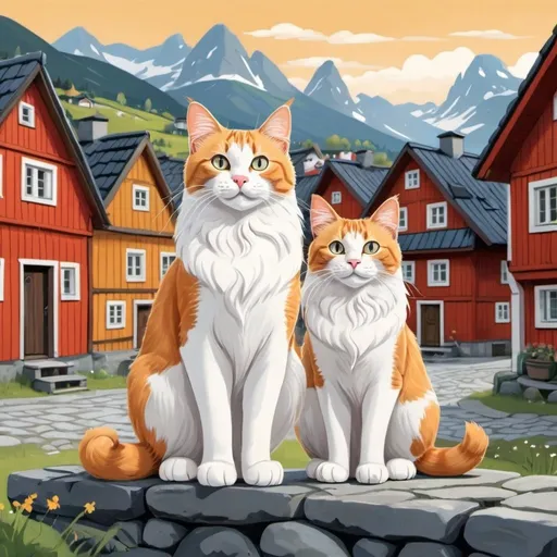 Prompt: cartoon illustration of  majestic two Norwegian cats in the middle of a village 