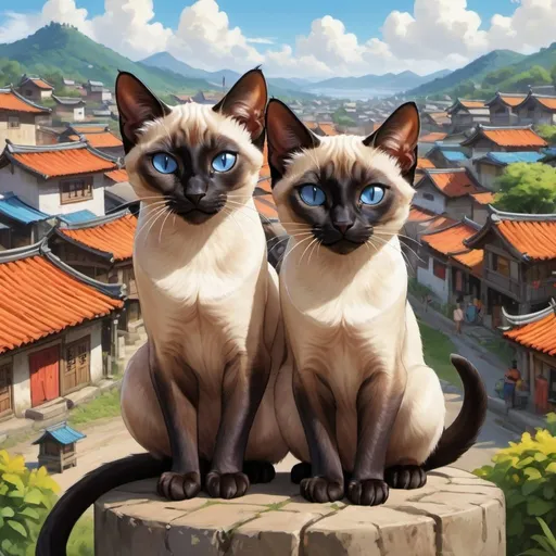 Prompt: Realism illustration of Siamese cats, black dragon, vibrant and colorful, village in the background, detailed fur, cute expressions, playful and lively, cartoon style, village setting, highres, detailed fur, anime, vibrant colors, village scenery, realistic, cute expressions, playful, lively, dragon, detailed, professional