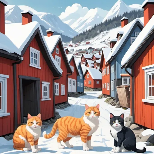 Prompt: cartoon illustration of  majestic Norwegian cats in the middle of a village 