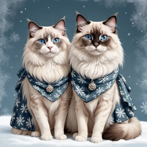 Prompt: Realistic illustration of ragdoll cats in a wintertime dress 