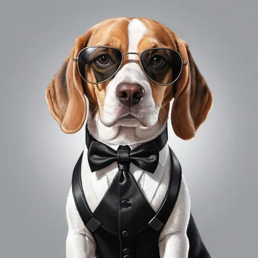 Prompt: Realistic illustration of beagle in a tuxedo combined with a harness, with black sunglasses