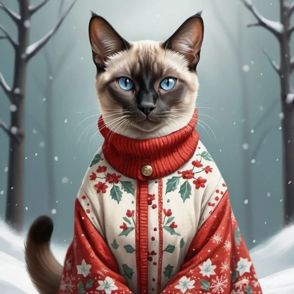 Prompt: Realistic illustration of siamese cat in wintertime dress