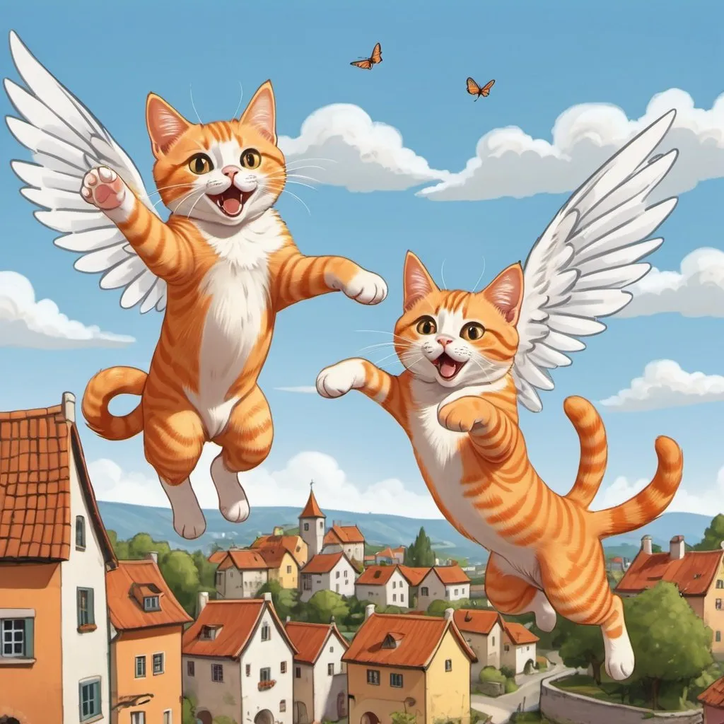 Prompt:  Cartoon illustrated two orange tabby cats jumping up with wings, village in the background