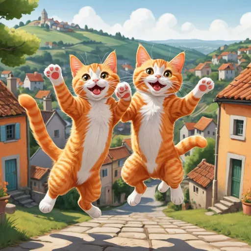 Prompt:  Cartoon illustrated two orange tabby cats jumping up, village in the background
