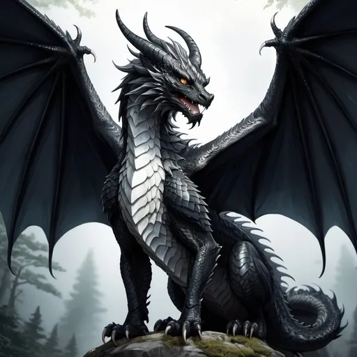 Prompt: Anime illustration of a majestic black dragon, Norwegian Forest cats standing on hind legs, detailed white scales on the belly and wings, intense and fierce gaze, highres, ultra-detailed, anime, fantasy, dramatic lighting, cool tones, detailed eyes, sleek design, professional, atmospheric