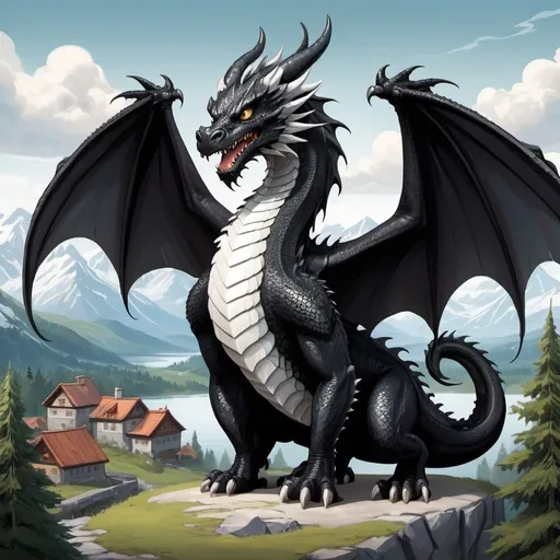 Prompt: cartoon illustration of a majestic black dragon, detailed white scales on the belly and wings, intense and fierce gaze, highres, ultra-detailed, cartoon, fantasy, dramatic lighting, cool tones, detailed eyes, sleek design, professional, atmospheric, Norwegian Forest cats standing on hind legs, village in background