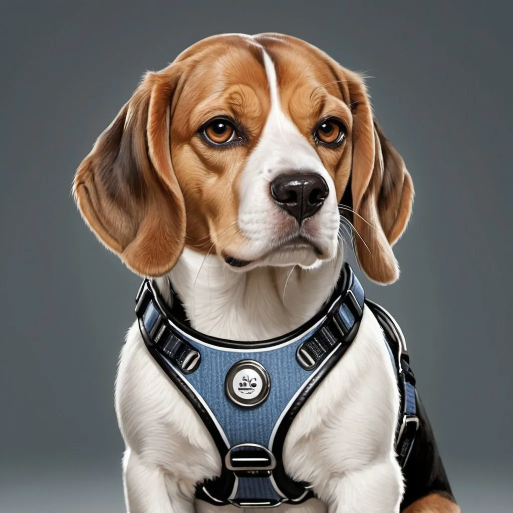 Prompt: Realistic illustration of a beagle wearing a versatile harness-outfit, detailed fur texture, lifelike expression, high quality, realistic, detailed fur, versatile harness-outfit, lifelike eyes, professional, natural lighting