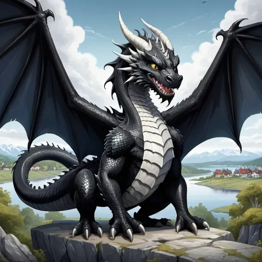 Prompt: cartoon illustration of a majestic black dragon, detailed white scales on the belly and wings, intense and fierce gaze, highres, ultra-detailed, cartoon, fantasy, dramatic lighting, cool tones, detailed eyes, sleek design, professional, atmospheric, Norwegian cats, village in background