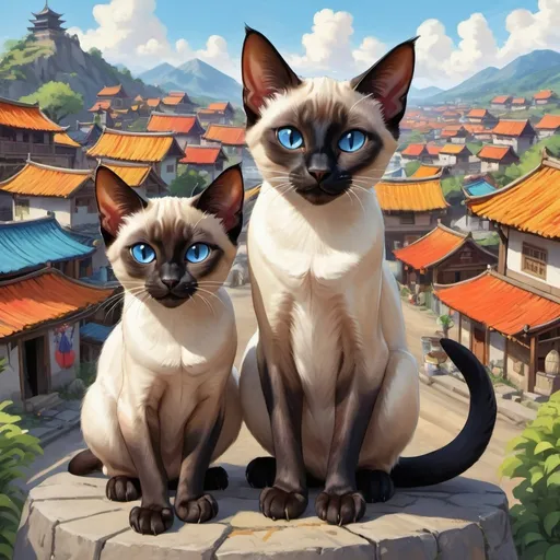 Prompt: Realism illustration of Siamese cats, black dragon, vibrant and colorful, village in the background, detailed fur, cute expressions, playful and lively, cartoon style, village setting, highres, detailed fur, anime, vibrant colors, village scenery, realistic, cute expressions, playful, lively, dragon, detailed, professional