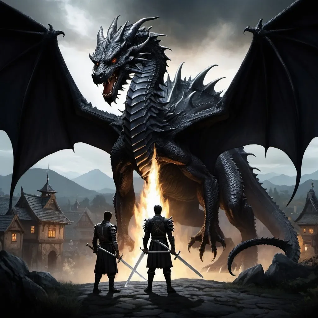 Prompt: Realistic illustration of two men standing in front of a black dragon with hints of white, both holding swords, facial features, high quality, realism, fantasy, intense lighting, detailed scales, medievil, dramatic atmosphere, village in the background, back facing dragon