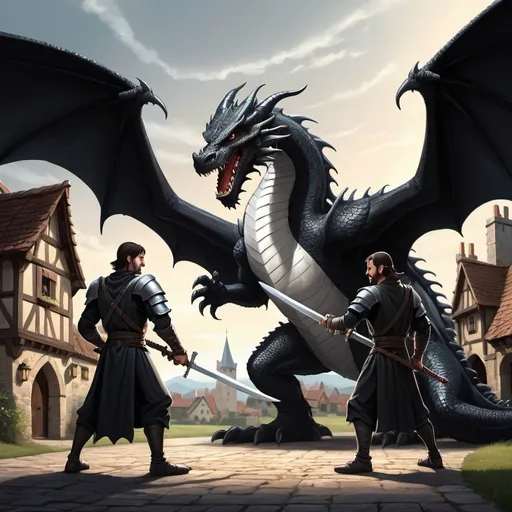 Prompt: Friendly cartoon illustration of two sword-wielding men confronting a sleek black dragon with white accents, intense and dramatic lighting, detailed scales and medieval atmosphere, village in the background, high-quality, realistic, fantasy, lighting, detailed scales, medieval, dramatic atmosphere, village, cartoon style, confronting men, black dragon