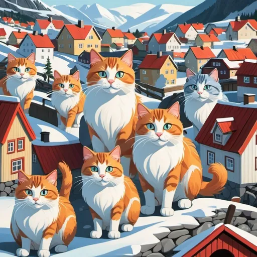 Prompt: cartoon illustration of  majestic Norwegian cats in the middle of a village 