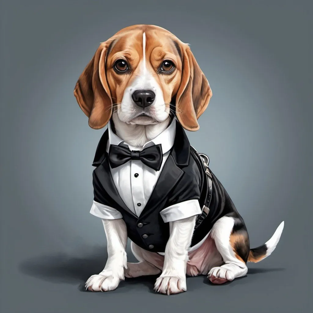 Prompt: Realistic illustration of beagle in a tuxedo combined with a harness