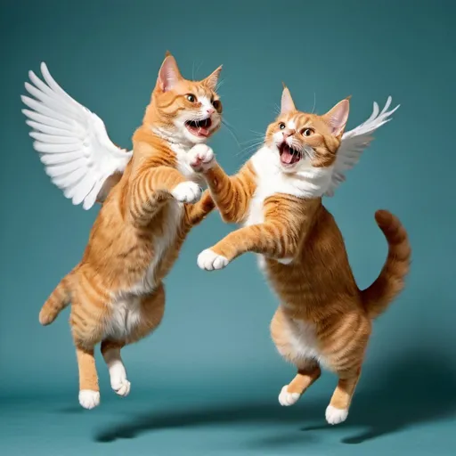 Prompt: Two orange tabby cats jumping up with wings