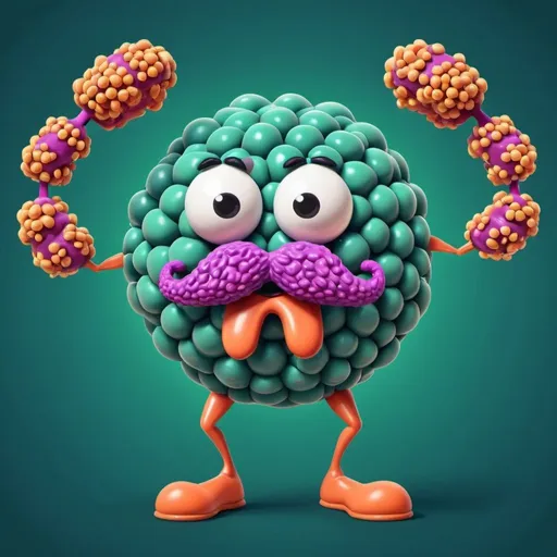 Prompt:  Cartoon illustrated ribosome organelle with mustache, arms and legs