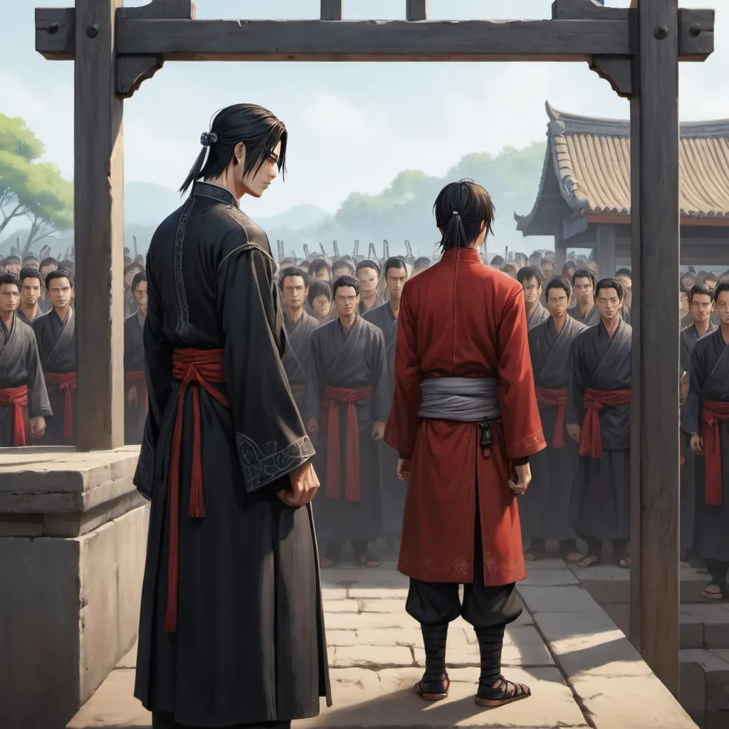 Prompt: As Ren saw his family in the crowd on the execution platform, he started to feel saddened by the sight of his family.  Ren's brother felt very shameful for stealing from the noble man, and that Ren volunteered as tribute instead of his brother for his brother's crime. His family watched as he stood on the execution platform.

