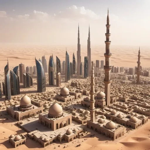 Prompt: Arabian megacity with many high skyscrapers and some mosque and bizarres. There is big, non-ending desert outside the city and it is daytime