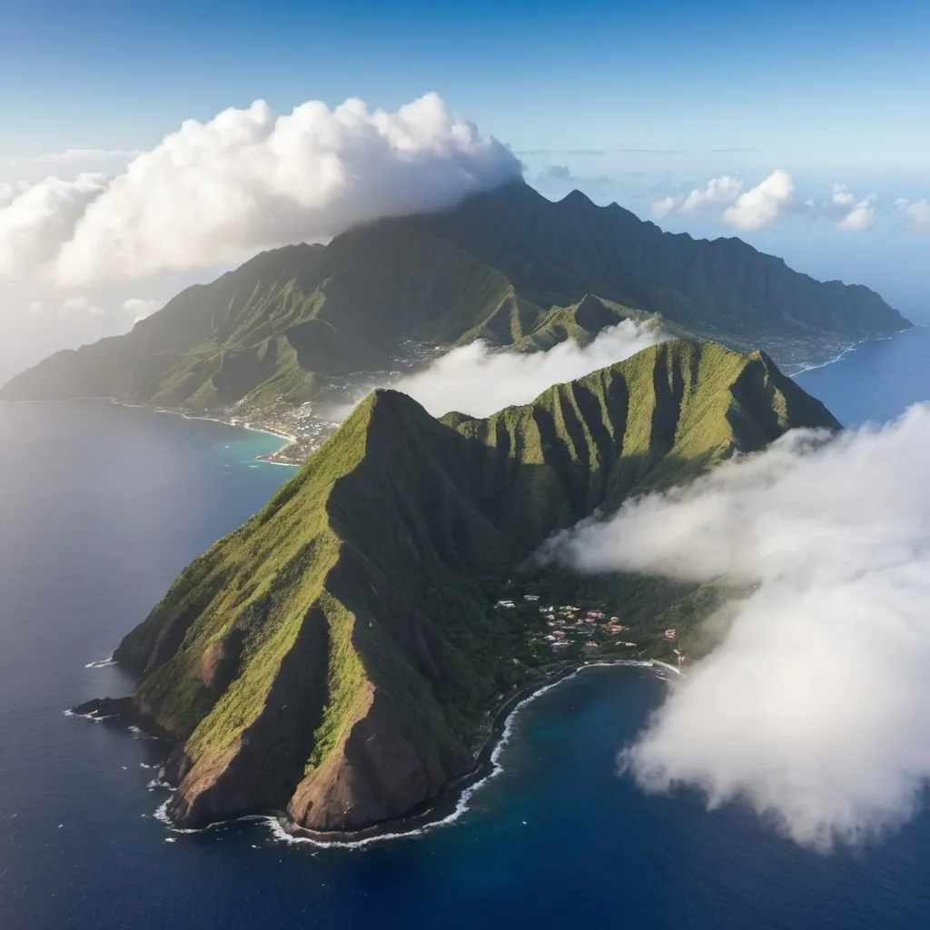 Prompt: Airview of Saba island in the Caribbean Sea, the fog and the clouds are very low and there is a pretty mountain in the middle of the mountain