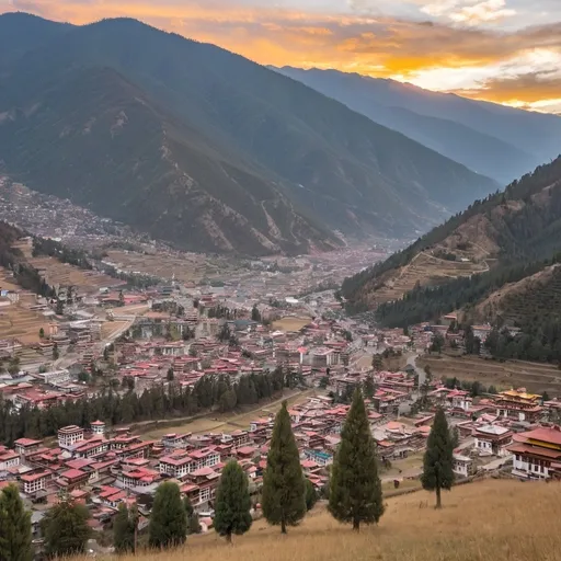 Prompt: City of Thimphu, Bhutan and there are some old temples and buildings, and it is during sunset