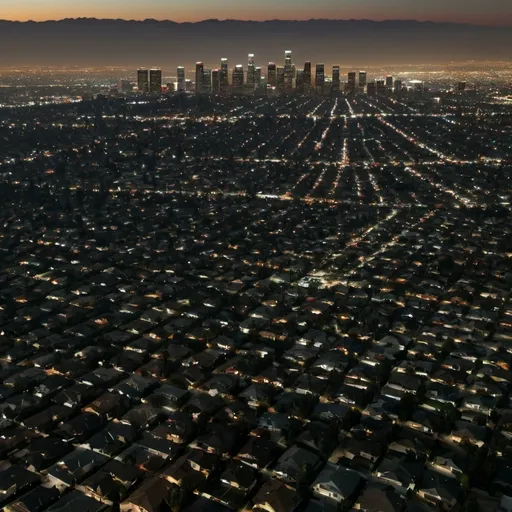 Prompt: Airview of completely dark Los Angeles and there are many houses (single-family houses) at the east, and high buildings and skyscrapers at the west side