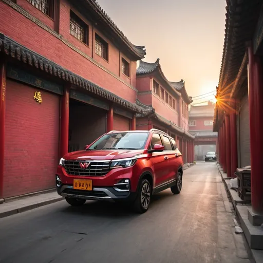 Prompt: Wuling Hongguang driving in the alleyway of Beijing at dawn