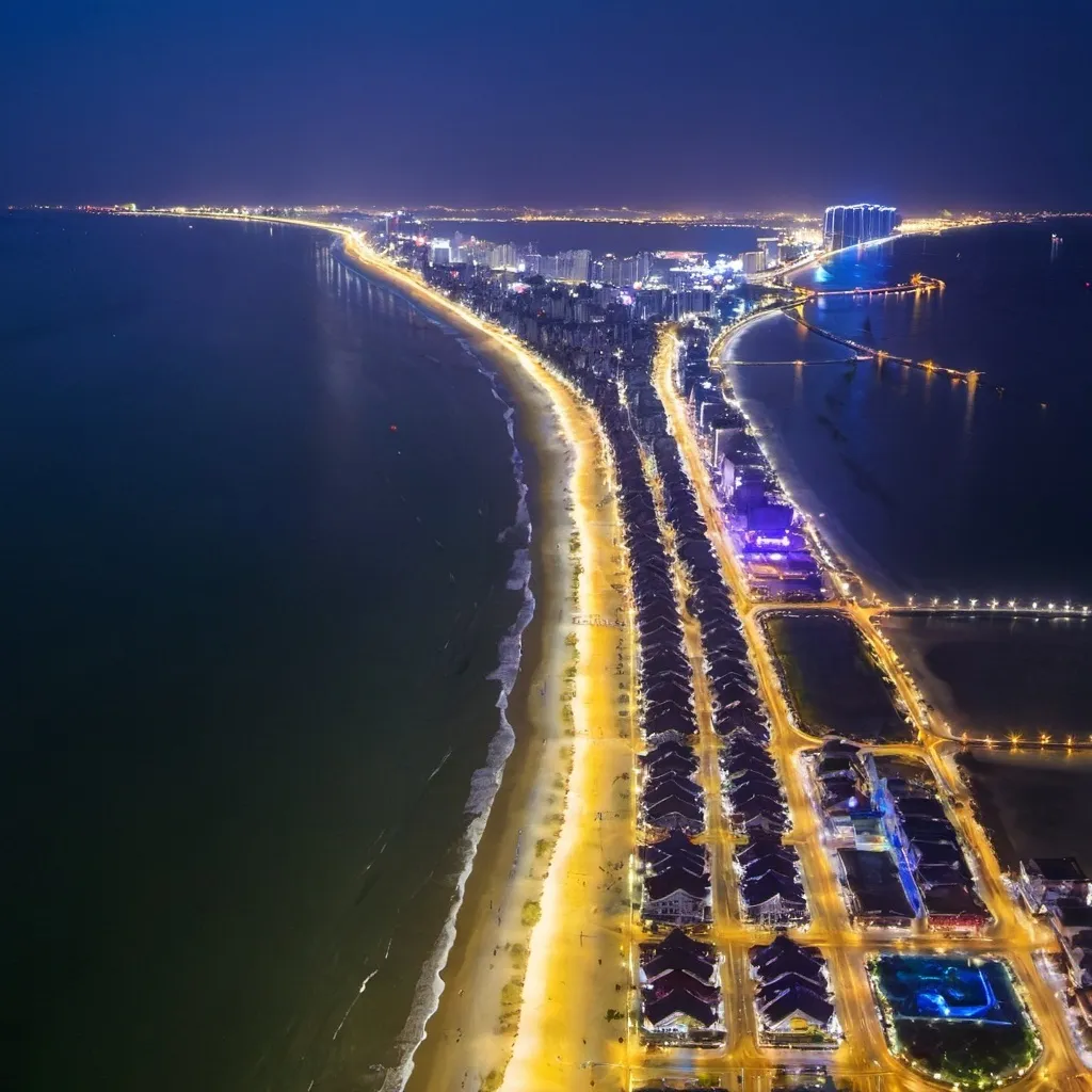 Prompt: Airview of Da Nang City at midnight, there is a beach