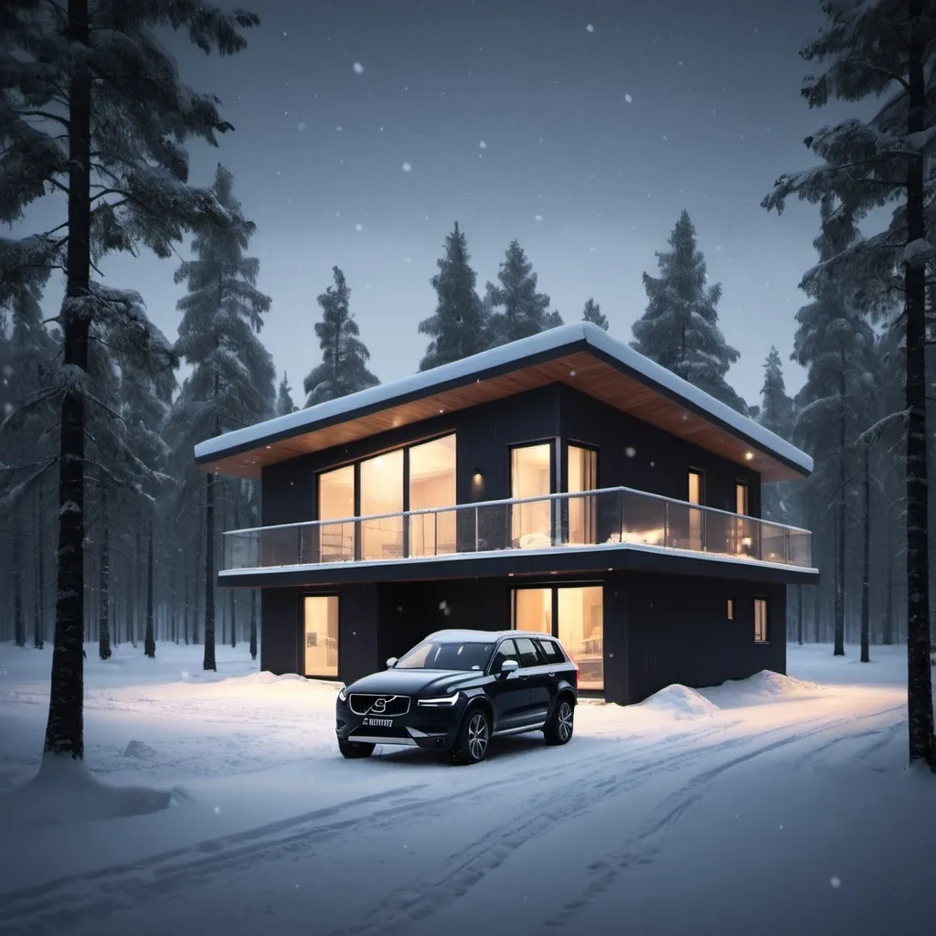 Prompt: Pretty realistic modern houses in the snowing woods of northern Finland, it is snowing a lot, at dark midnight and we can see one Volvo parked