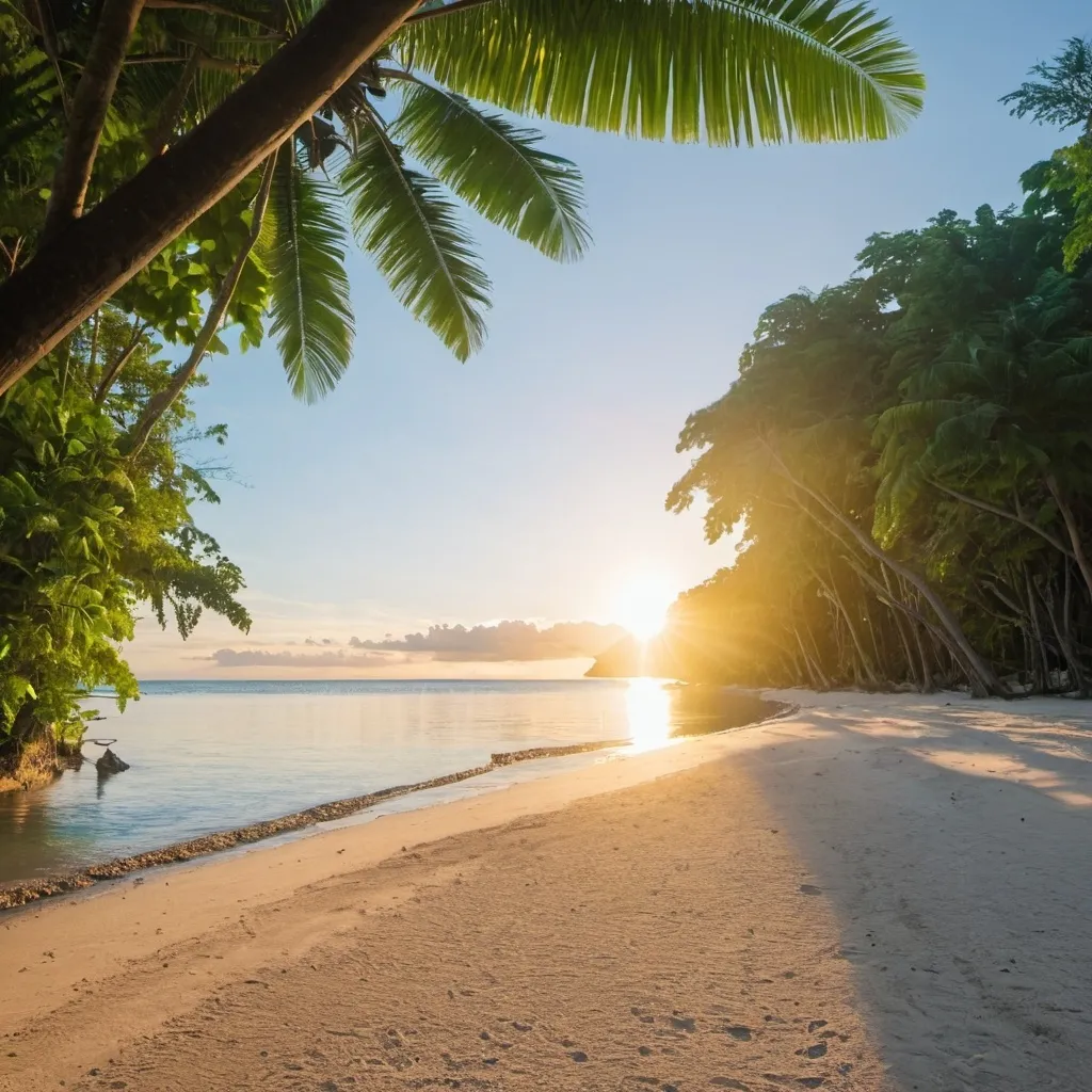 Prompt: Beach of Bohol Island glowing by the sun rising at the horizon and there are many tropical trees inthe beach