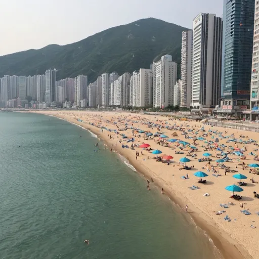 Prompt: Busan Haeundae daytime, there are lots of high skyscrapers and the beach is pretty with lots of parasols and sunbeds below