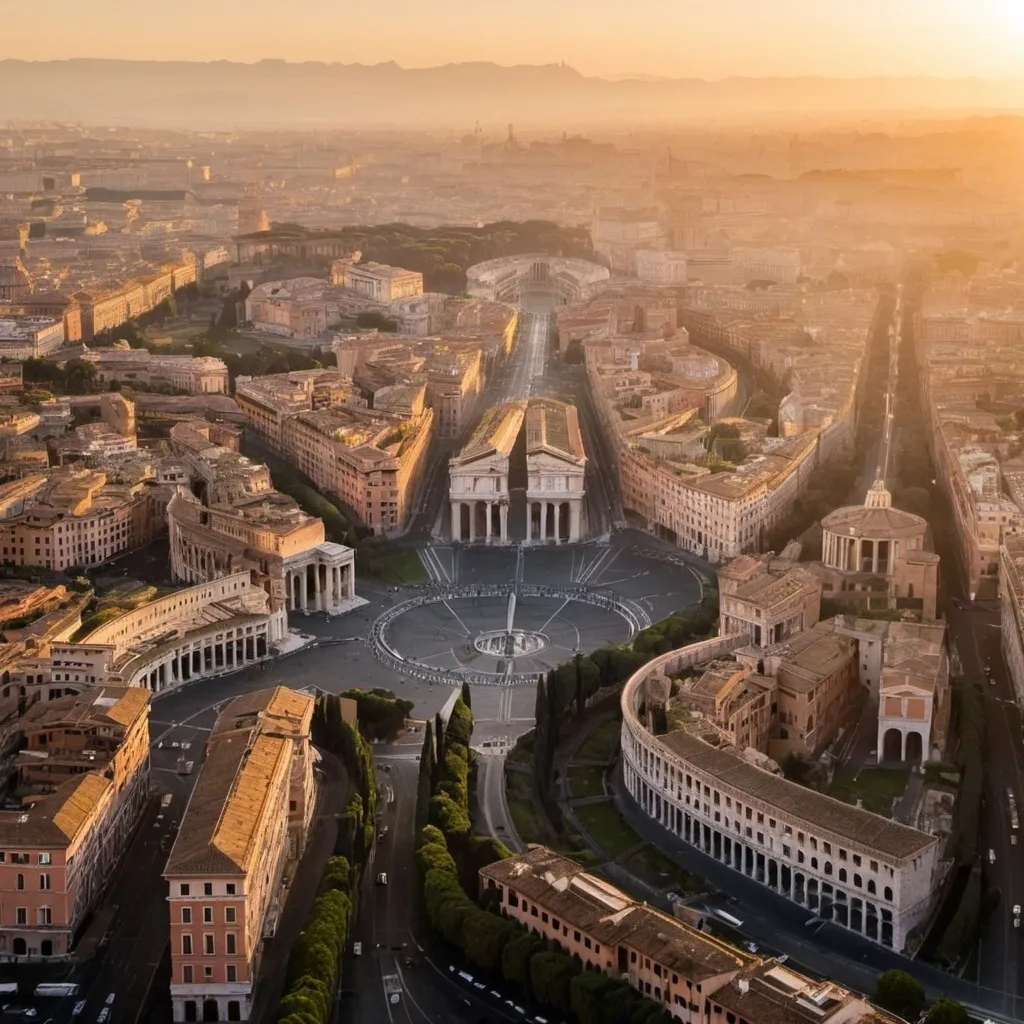 Prompt: rome airview at dawn, and the sun is rising beyond the city, with many old buildings and high modern buildngs, and there is Colosseum