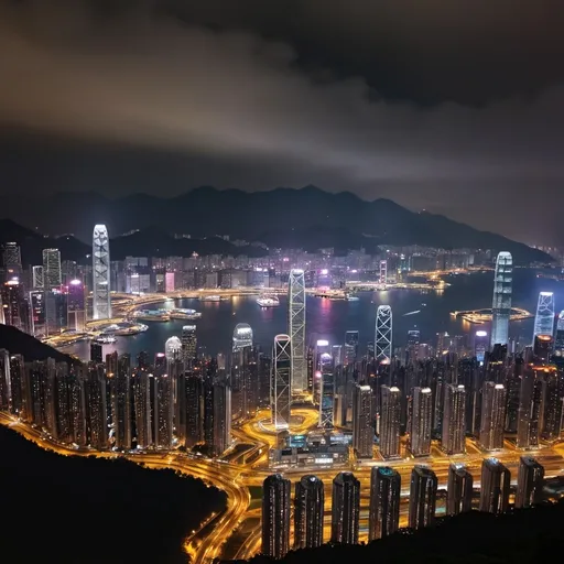 Prompt: Hong Kong airview at night, and we can see Hong Kong international airport and behind high skyscrapers, there are some mountains too.