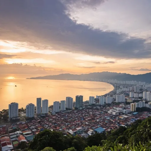 Prompt: Beautiful Penang, Malaysian city glowing by the sun rising beyond the city, and there are lots of buildings