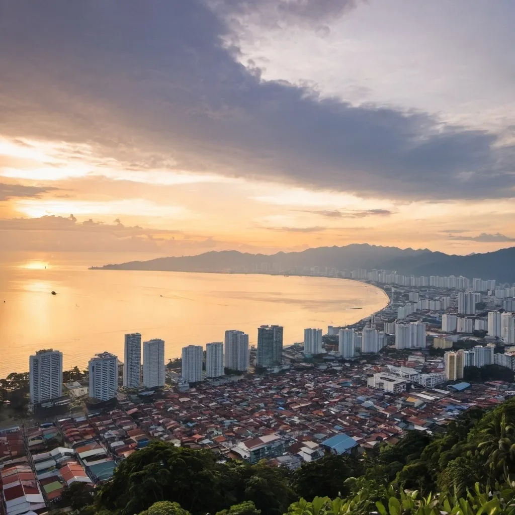 Prompt: Beautiful Penang, Malaysian city glowing by the sun rising beyond the city, and there are lots of buildings