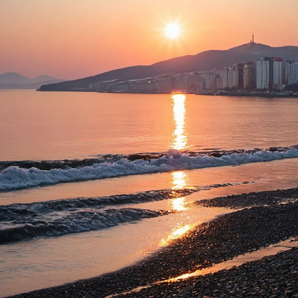 Prompt: Vladivostok and its beach glowing with sun rising