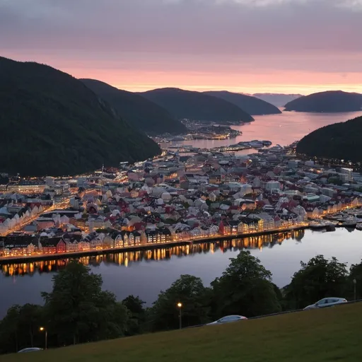 Prompt: Bergen at dinnertime, there are lots of buildings, Nordic styled buildings and beyond, the sun is setting and the city is glowing by that.