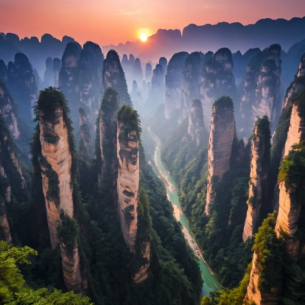 Prompt: Zhangjiajie, China glowing by a beautiful sunset