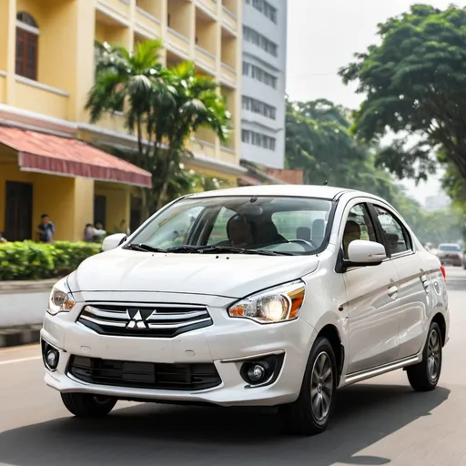 Prompt: 2024 Mitsubishi Mirage G4 driving in Ho Chi Minh City Resort