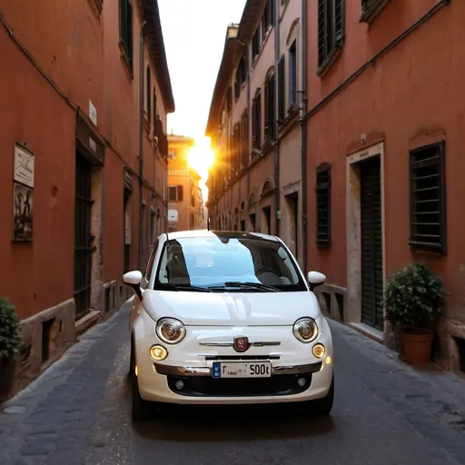 Prompt: Fiat 500e driving in Rome alleyway during sunset