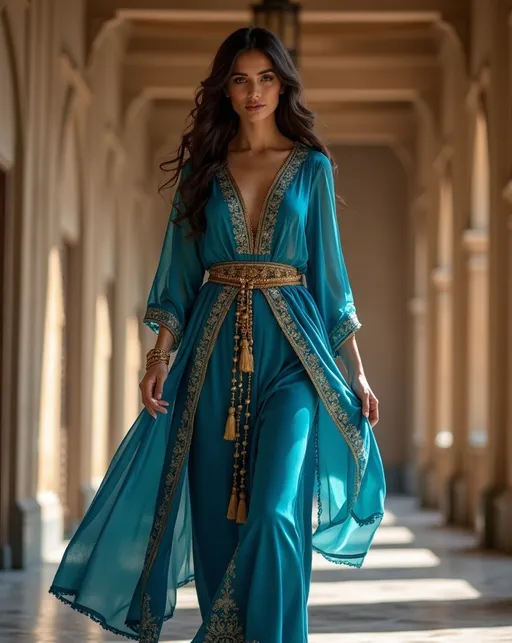 Prompt: (harem attire) joven morena de 18 años con piel bronceada, persa, vestida con dos piezas de ropa de harem azul, (exotic ambiance), (intricate patterns), (flowing fabric), vibrant colors, rich texture, (dramatic shadows), paseando por el harm del palacio, (highly detailed), (4K quality), vista frontal de cuerpo entero